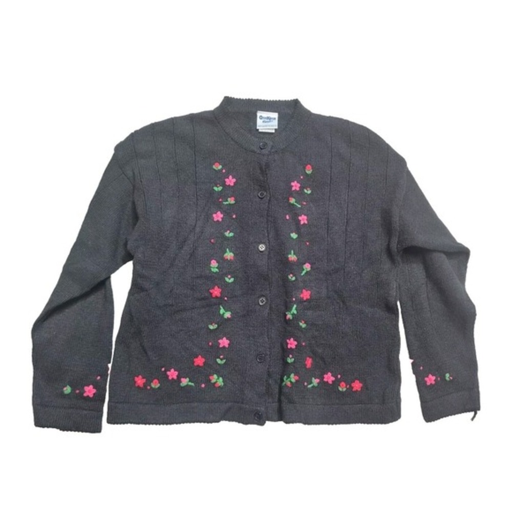 Vintage Girls Cardigan Knit Black Oshkosh Bgosh Large Ramie